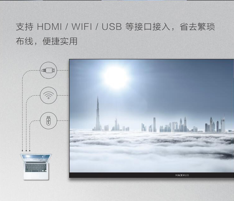 支持HDMI/WIFI/USB等接口接入，省去繁琐布线，便捷实用